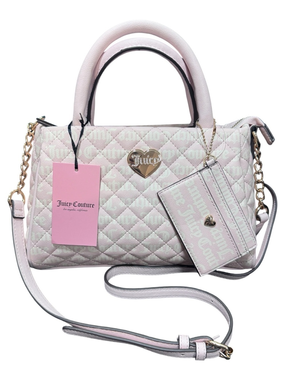 Juicy Couture Love Your Couture Pink & White Quilted Handbag w/ Card Holder